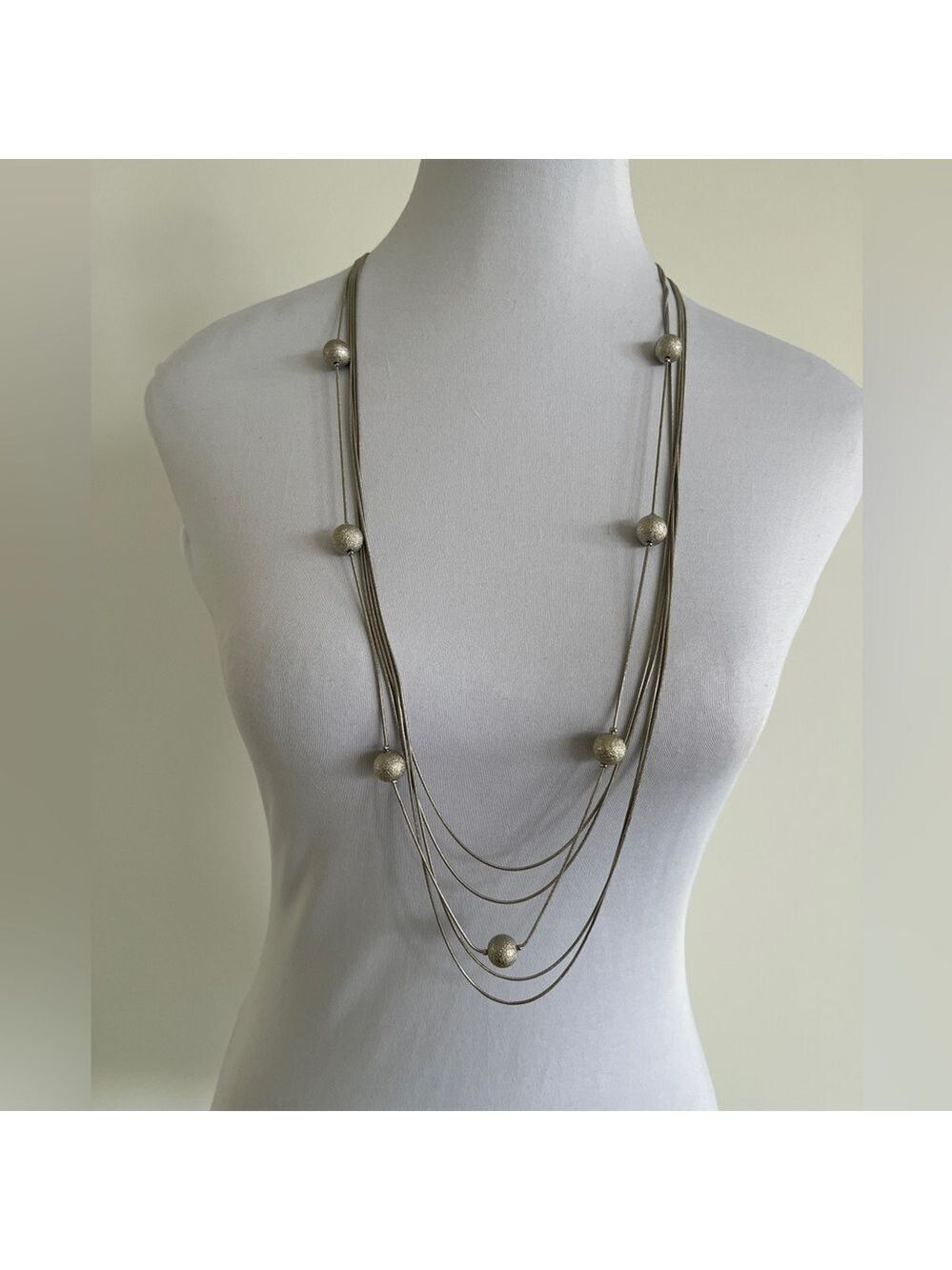 GRAZIANO CN Signed Station Necklace 4 Strand Silver Tone Chains Beads Elegant